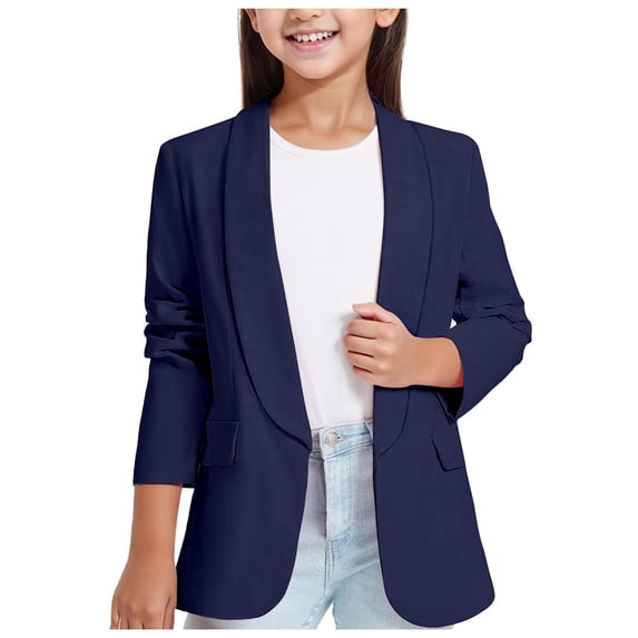 Girls Formal Long Sleeve Shawl Collar Suit Jacket Open Front Design with Inner Pocket for