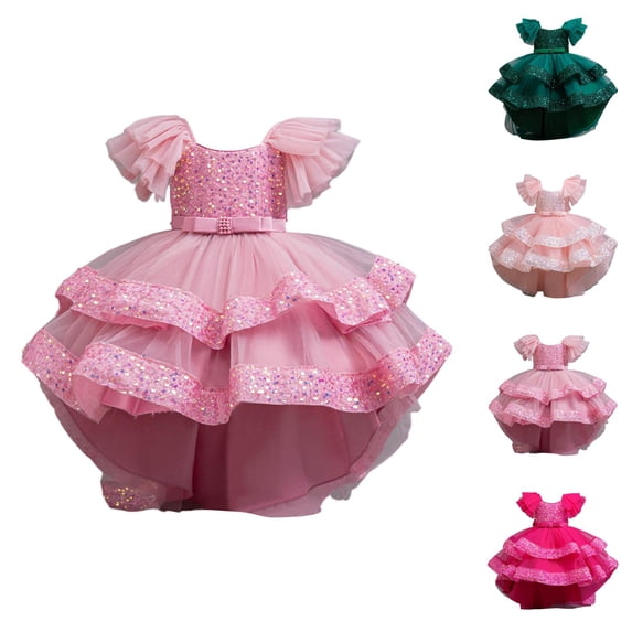Girls Formal Pageant Dress with Detachable Train, Ruffle Tulle Skirt, Elegant Bow & Tutu Princess Ball Gown for Wedding, Recital, Birthday & Prom