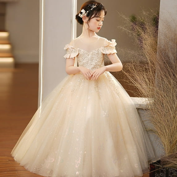 Girls Formal Tulle Princess Dress, Elegant Puffy Net Dress for Flower Girl Junior Bridesmaid, Wedding Birthday Party Special Occasion Gown Age 3Y-14Y Beige 110