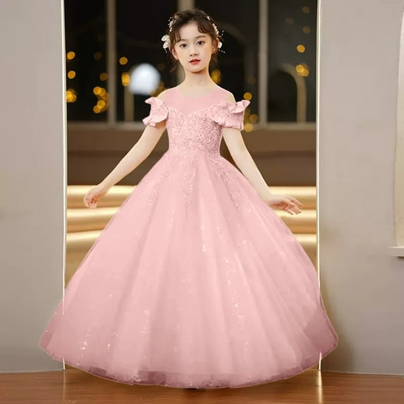 Girls Formal Tulle Princess Dress, Elegant Puffy Net Dress for Flower Girl Junior Bridesmaid, Wedding Birthday Party Special Occasion Gown Age 3Y-14Y Pink 150
