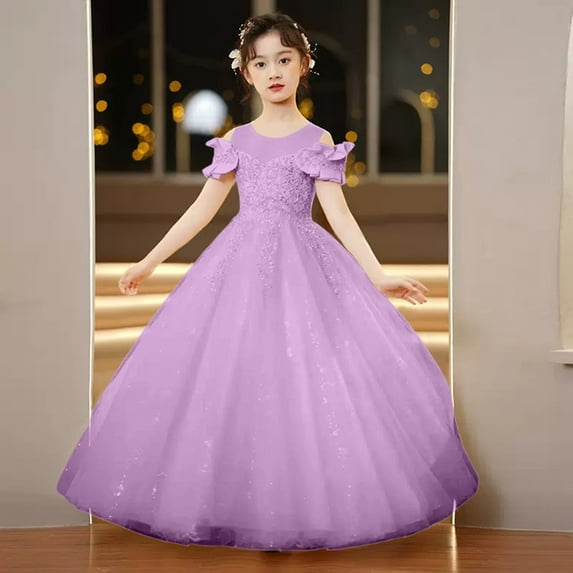 Girls Formal Tulle Princess Dress, Elegant Puffy Net Dress for Flower Girl Junior Bridesmaid, Wedding Birthday Party Special Occasion Gown Age 3Y-14Y Purple 130