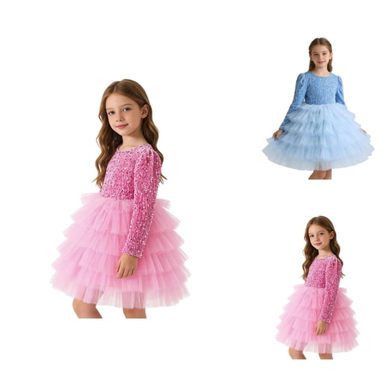Girls Formal Tutu Dress with Skirt, Long Sleeve Tiered Tulle Party Gown for Birthday Pageant Performance, Fall Winter Kids Dress 2-6Y