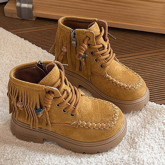 Girls Fringe Ankle Boots Boho Cowgirl Platform Side Zipper Moc Toe Khaki,Size 29