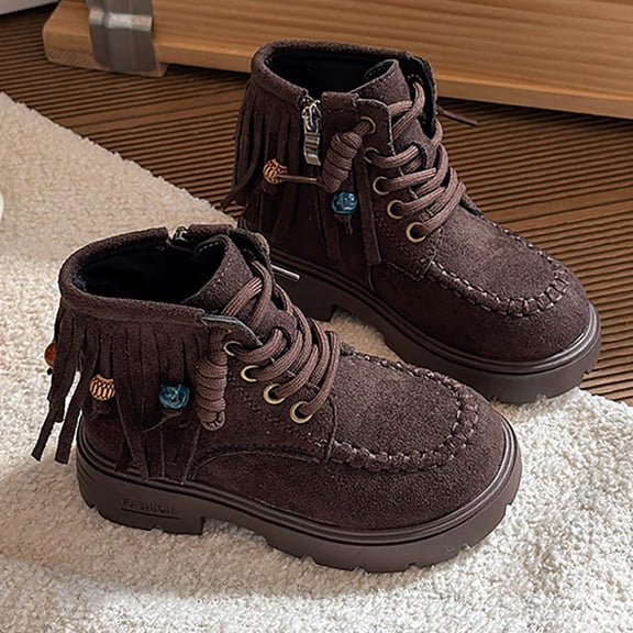 Girls Fringe Ankle Boots Western Cowgirl Platform Faux Faux Leather Coffee Side Zipper Moc Toe,Size 28