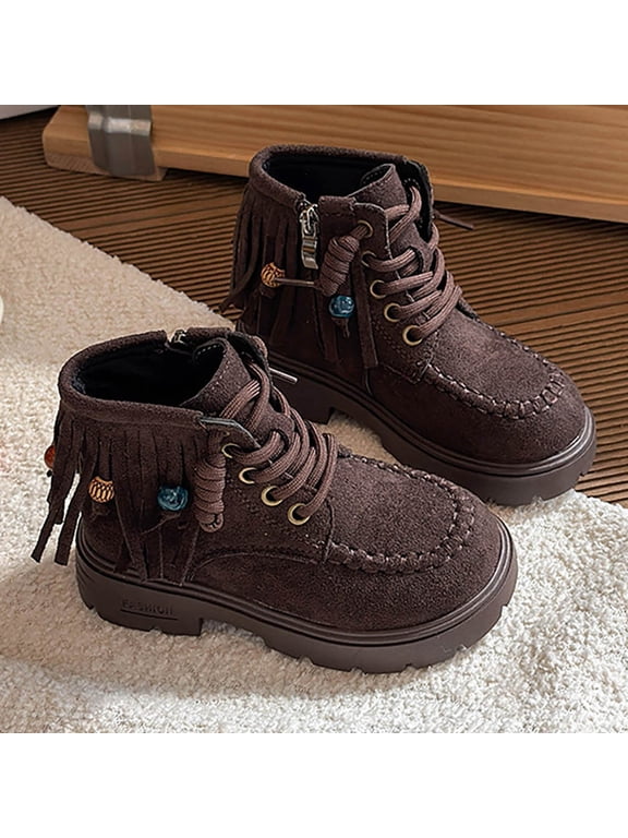 Girls Fringe Ankle Boots Western Cowgirl Platform Faux Faux Leather Coffee Side Zipper Moc Toe,Size 28