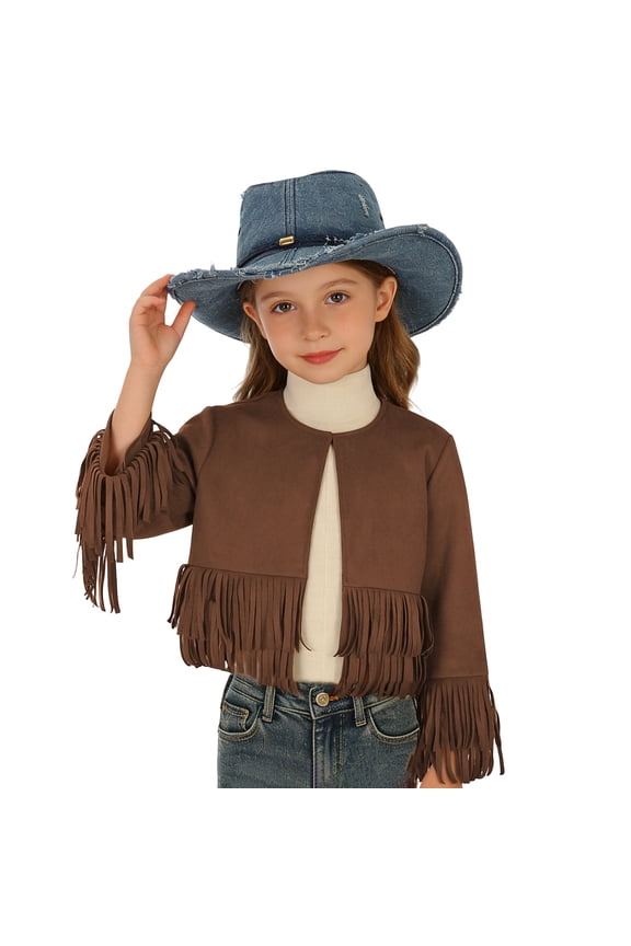 Girls Fringe Cropped Western Jacket, Long Sleeve Open Front Boho Kids Outerwear, Casual Layering Coat for Festival Daily Play(Brown/11-12 Years)