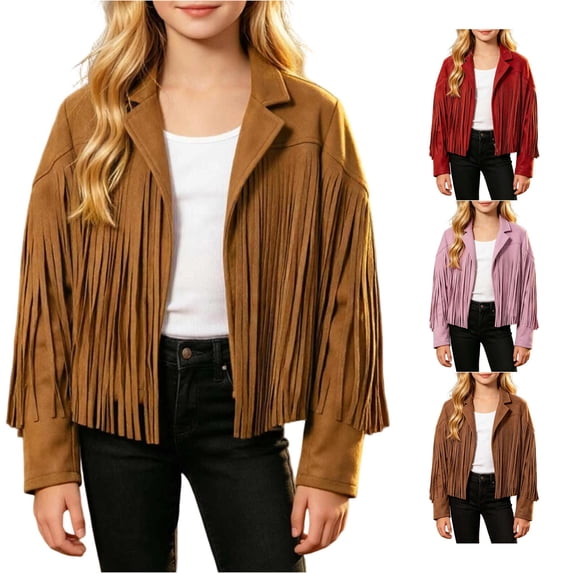 Girls Fringe Jacket, Kids Cowgirl Western Tassel Motorcycle Cardigan Cropped Coat 5-14 Years
