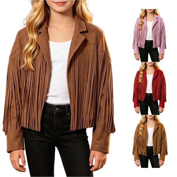 Girls Fringe Jacket, Kids Cowgirl Western Tassel Motorcycle Cardigan Cropped Coat 5-14 Years