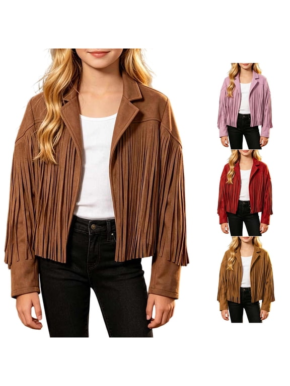 Girls Fringe Jacket, Kids Cowgirl Western Tassel Motorcycle Cardigan Cropped Coat 5-14 Years