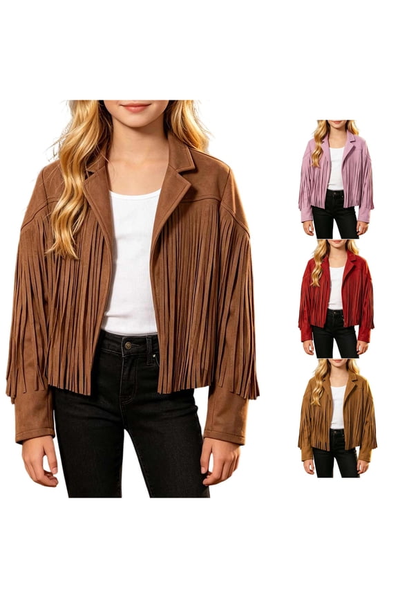Girls Fringe Jacket, Kids Cowgirl Western Tassel Motorcycle Cardigan Cropped Coat 5-14 Years