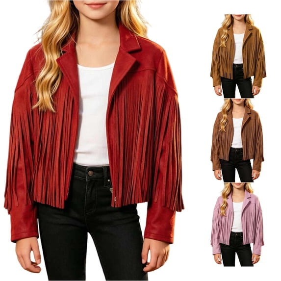 Girls Fringe Jacket, Kids Cowgirl Western Tassel Motorcycle Cardigan Cropped Coat 5-14 Years