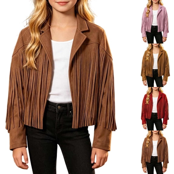 Girls Fringe Jacket Western Cowgirl Tassel Motorcycle Cardigan Cropped Coat 5-14 Years Kids Fall Outerwear for Halloween Carnival