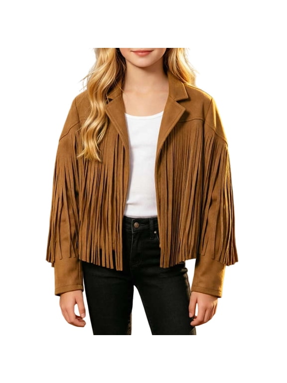 Girls Fringe Jacket Western Cowgirl Tassel Motorcycle Cardigan Cropped Coat 5-14 Years Kids Fall Outerwear for Halloween Carnival