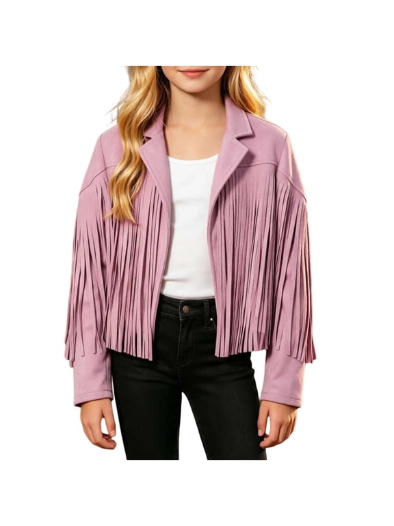 Girls Fringe Jacket Western Cowgirl Tassel Motorcycle Cardigan Cropped Coat 5-14 Years Kids Fall Outerwear for Halloween Carnival