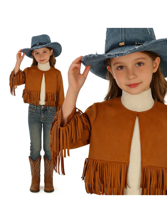 Girls Fringe Jacket for Kids Bohemian Style Outdoor Wear Inspiring Festival Event with Soft Suede and Wild Western Vibe