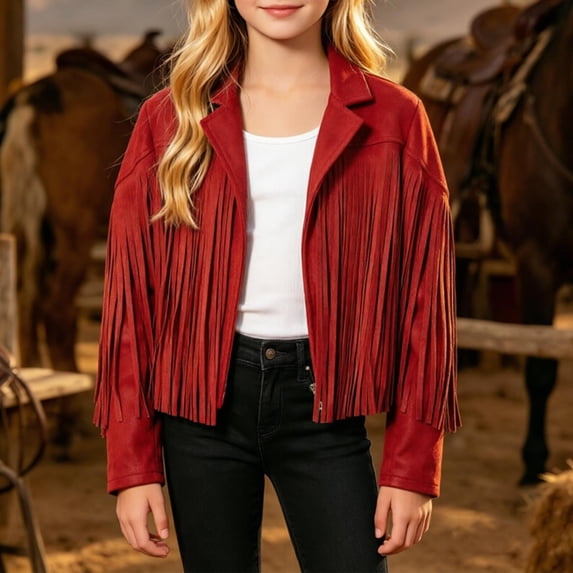 Girls Fringe Jackets Kids Cow Girl Western Tassels Motorcycle Cardigan Cropped Coats 5 14 Years