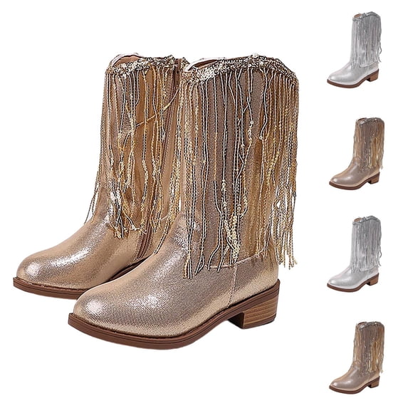 Girls Fringe Mid‑Calf Boots Side Zipper Comfort Boots Round Toe Boot PU Leather Low Block Heel Boots for Party, Country, Dance and Dress