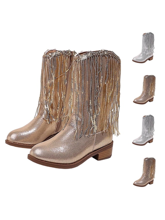 Girls Fringe Mid‑Calf Boots Side Zipper Comfort Boots Round Toe Boot PU Leather Low Block Heel Boots for Party, Country, Dance and Dress