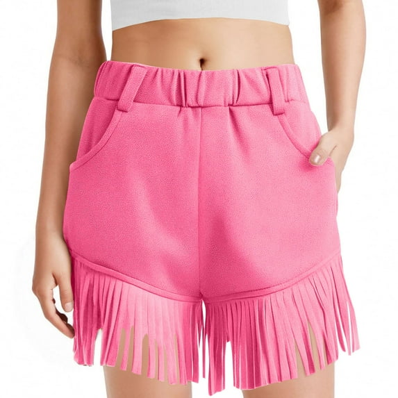 Girls Fringe Shorts Faux Suede Shorts Western Tassels Shorts with Pockets Boho 70s Hippie Spring Fall Cowgirl Shorts 5-14 Years
