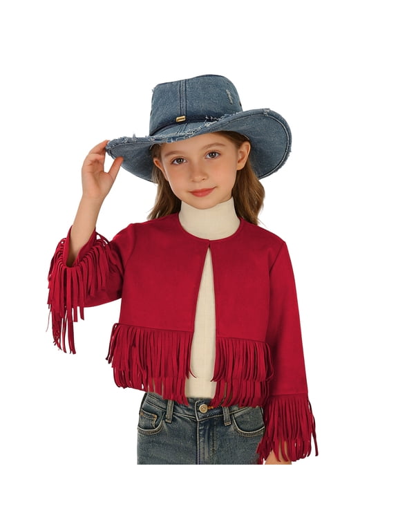 Girls Fringe Crop Jacket Open Front Long Sleeve Western Outerwear Coat 11-12 Years