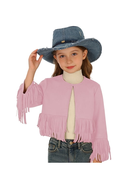 Girls Fringe Crop Jacket Open Front Long Sleeve Western Outerwear Coat 13-14 Years