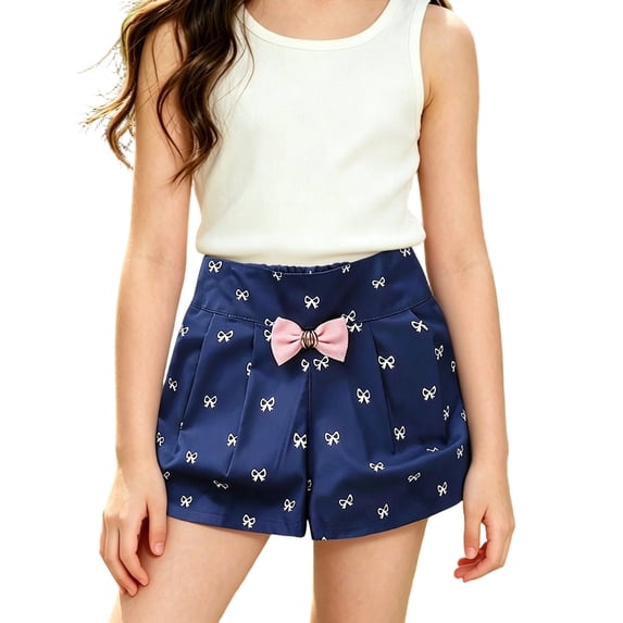 Girls Front Bow Pleated Printed Shorts Elastic Back Waist Multi Pattern Lightweight Loose Kids Summer Casual Shorts(Navy1,9-10 Years)