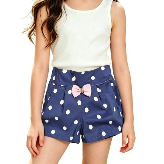Girls Front Bow Pleated Printed Shorts Elastic Back Waist Multi Pattern Lightweight Loose Kids Summer Casual Shorts(Navy2,11-12 Years)