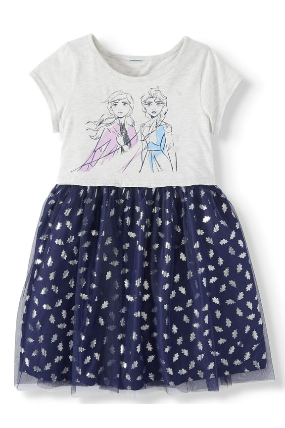 Girls Frozen II Dress with Foil Leaf Print Tulle Skirt -Size 4