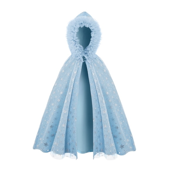 AOKAOK Girls Snowflake Hooded Tulle Cape, Light Blue Princess Cloak for Christmas Halloween Dress-up Costume, 5-6Y