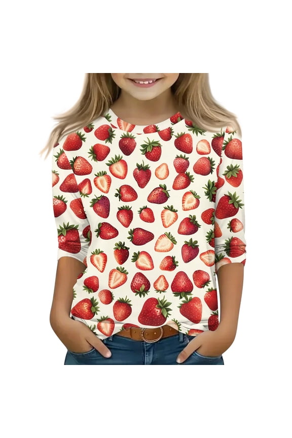 Girls Fruit Apple Print Tops 3/4 Sleeve Round Neck Casual Daily Fall Teen Blouses