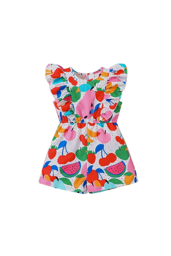 Girls Fruit Print Ruffled Romper Dress Summer New White Soft Breathable Lightweight Stretchy Kids Romper Size 3-4 Y
