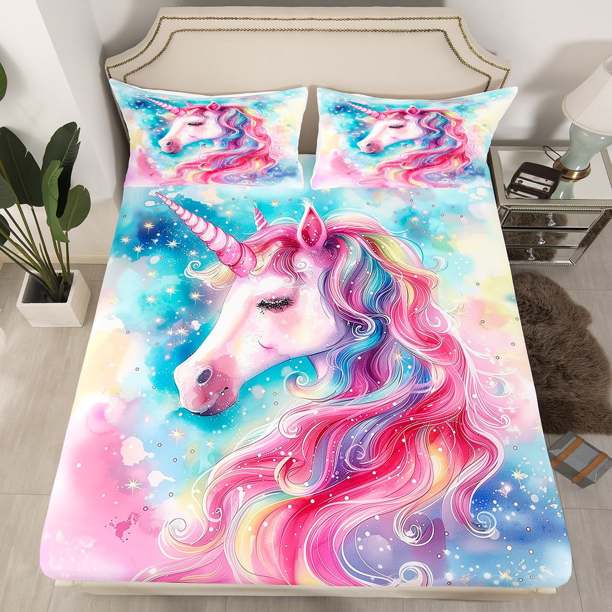 Girls Full Bed Sheets Pink Purple Unicorn Fitted Sheet Princess Prince ...