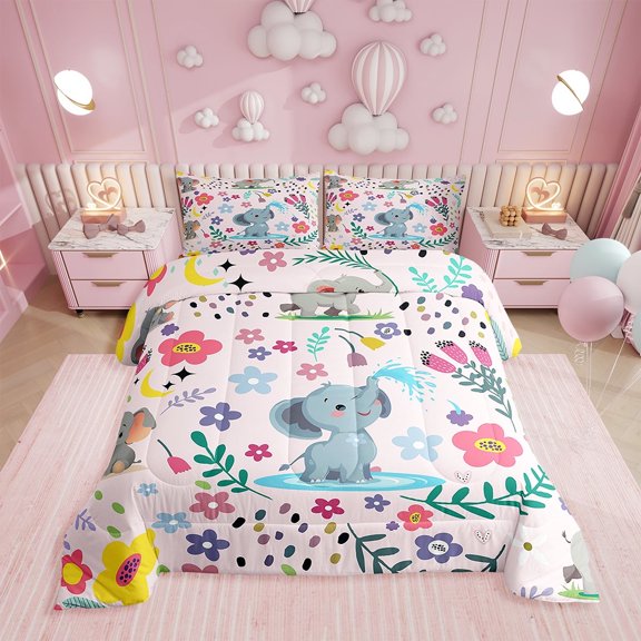 Full Comforter Set for Elephant Love,Cartoon Animal Bedding Set ,Cute Elephant Woodland Comforter Sets,Cute Duvet Insert with 2 Pillowcases All Season