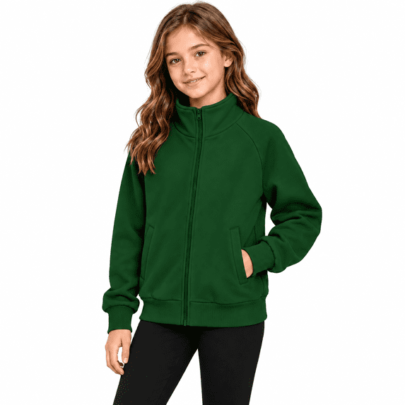 Girls Full Zip Bomber Jacket, Stand Collar Long Sleeve, Zipper Mock Neck Sweatshirt Jackets for Teens Kids, Army Green Size 12-13