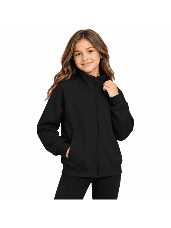 Girls Full Zip Bomber Jacket, Stand Collar Long Sleeve, Zipper Mock Neck Sweatshirt Jackets for Teens Kids, Black Size 10-11