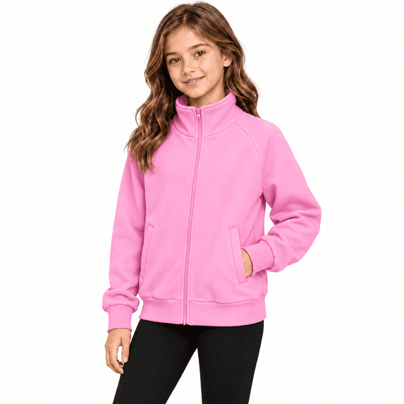 Girls Full Zip Bomber Jacket, Stand Collar Long Sleeve, Zipper Mock Neck Sweatshirt Jackets for Teens Kids, Pink Size 9-10