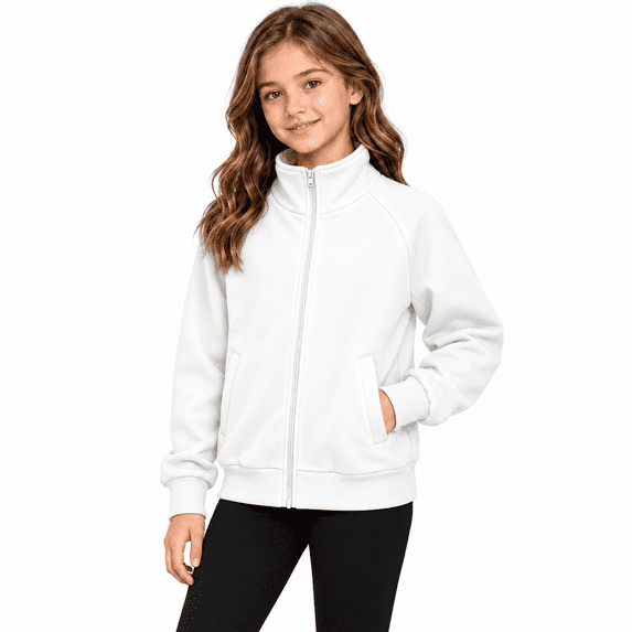 Girls Full Zip Bomber Jacket, Stand Collar Long Sleeve, Zipper Mock Neck Sweatshirt Jackets for Teens Kids, White Size 9-10