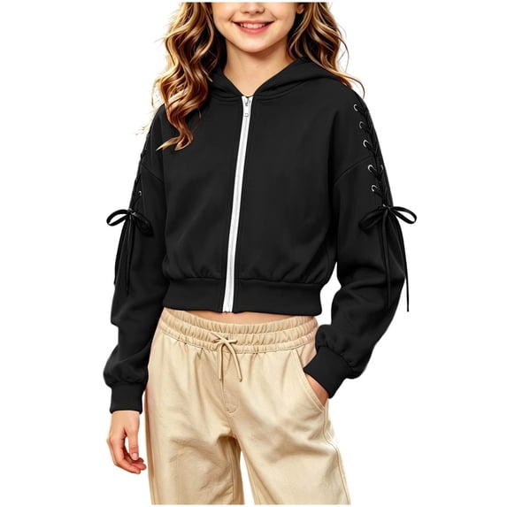 Girls Full Zip Cropped Hoodie, Long Sleeve Sweatshirt with Sleeve Tie Bow Details, Casual Daily Wear for Kids| Akmoler,Black 5-6 Years