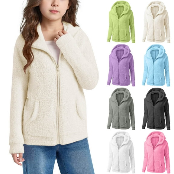 Girls Full Zip Fleece Hoodie Jacket Soft Fuzzy Sherpa Hooded Coat Fall Winter Outerwear with Pockets 5-14Y