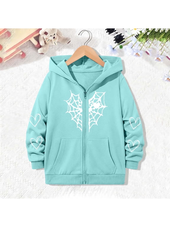 Girls Full Zip Hooded Jacket, Long Sleeve Loose Sweatshirt, Heart Spider Web Graphic Outerwear with Kangaroo Pockets for Big Girls, Sizes 5-14 Years & Plus