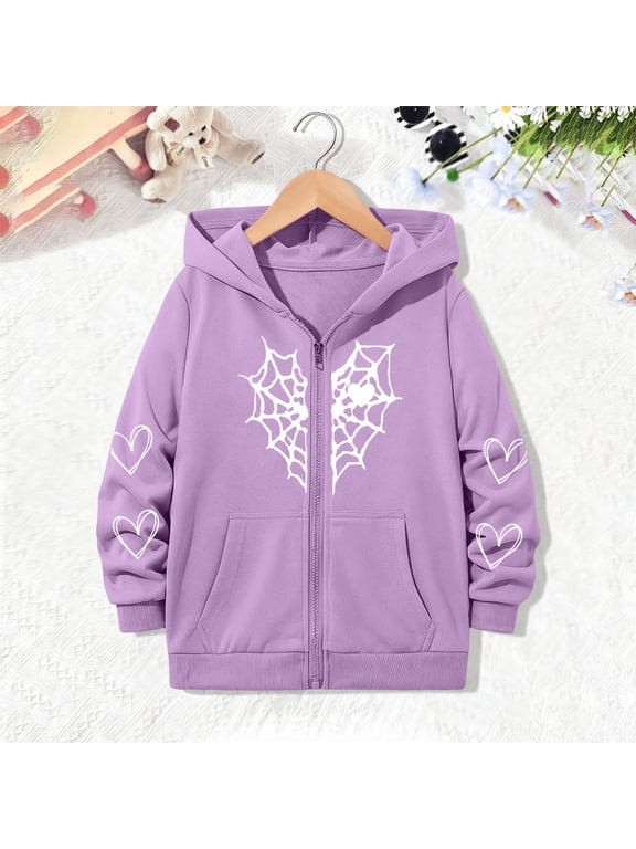 Girls Full Zip Hooded Jacket, Long Sleeve Loose Sweatshirt, Heart Spider Web Graphic Outerwear with Kangaroo Pockets for Big Girls, Sizes 5-14 Years & Plus
