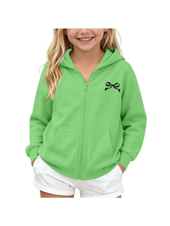 Girls Full Zip Hoodie Long Sleeve Sweatshirt Jackets Solid Color,Zip Up Sweatshirt Jacket,Bow Tie Print,Girls Hoodies,Casual,School,Loose,for Kids Aged 5-14 Years