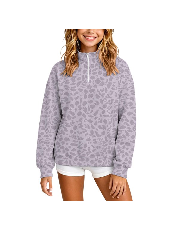 Girls Full Zip Muted Leopard Print Hooded Sweatshirt Jacket, Long Sleeve Outerwear with Front Pockets Oversized Fit for Leisure Strolls and Family Trips, Size 3-15 Years