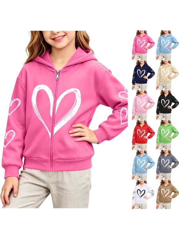 Girls Full Zip Sweatshirt Love Heart Print Long Sleeve Hooded Jacket Kids 2-14Y Fall Casual Outerwear Coat (2-3 Years, Hot Pink)