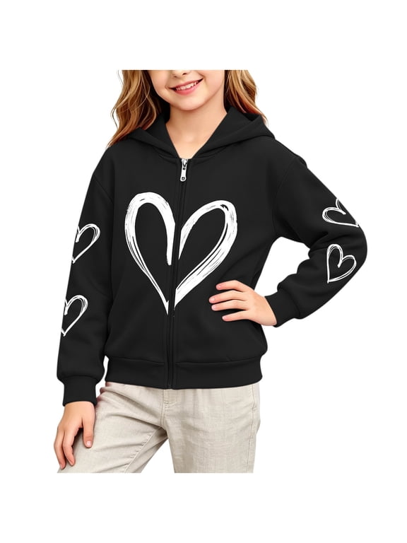 Girls Full Zip Sweatshirt Love Heart Print Long Sleeve Hooded Jacket Kids 2-14Y Fall Casual Outerwear Coat (3-4 Years, Black)