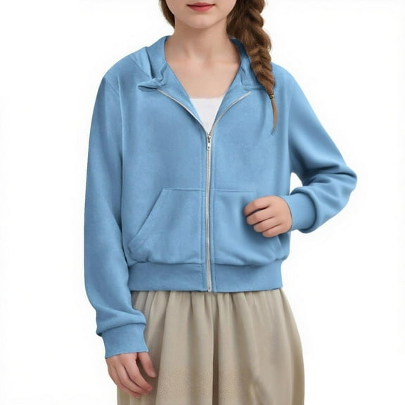 Girls' Full Zip Up Hoodie Jacket with Pocket Long Sleeve Hooded Crop Sweatshirt Outerwear Fall Winter Coat (11 Years, Light Blue)