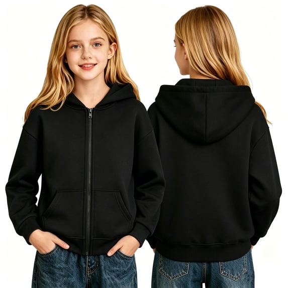 Girls Full Zip Up Hoodie Long Sleeve Soft Hooded Sweatshirt Casual Outerwear with Kangaroo Pockets, 130