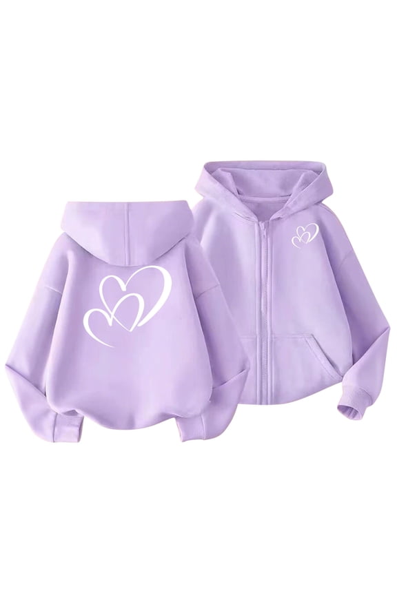 Girls Full-zip Jackets Hearts Printed Valentines Day Outfits Loose Hoodie Sweatshirt Outerwear Coats 3-13 Years (12Y, Purple 03)