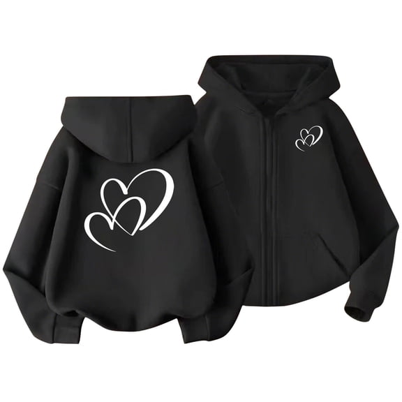 Girls Full-zip Jackets Hearts Printed Valentines Day Outfits Loose Hoodie Sweatshirt Outerwear Coats 3-13 Years (6T, Black 03)
