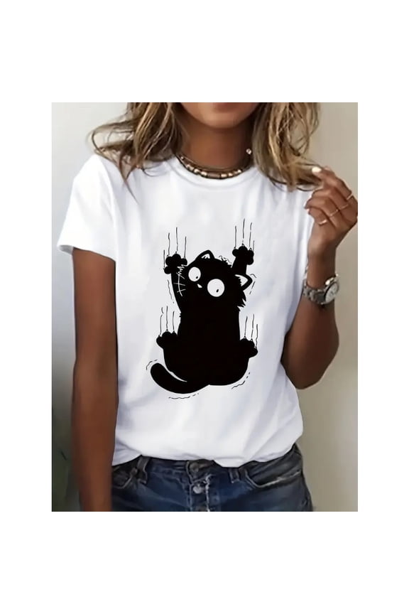Girls Funny Climb Cute Cat Design Print T-shirt Short Sleeve Crew Neck Casual All Season Women's Clothing Top Tee